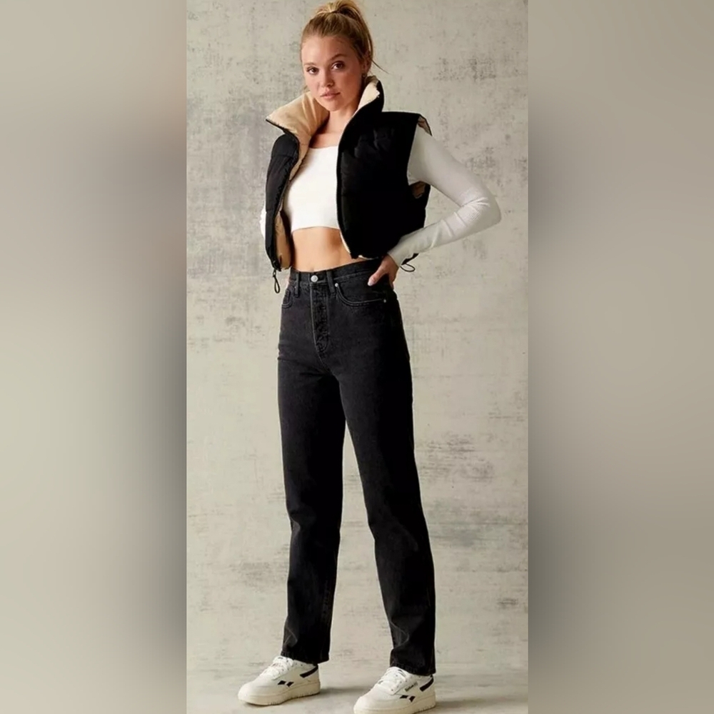 PacSun Womens Dad Jeans Black Button Fly High Rise Straight Leg Raw Hem